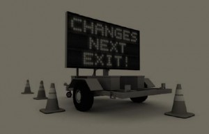 black and white photo of a screen with text reading changes next exit!