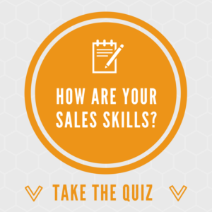white honeycomb background, orange circle with text reading how are your sales skills?