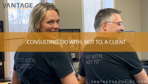 Darrell and Missy wearing "do with,not to" shirts with text reading consulting: do with, not to, a client