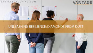 people working in a whiteboard with text reading unleashing resilience: diamonds from dust