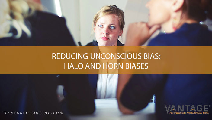 three women having discussion with text reading reducing unconscious bias: halo and horn biases